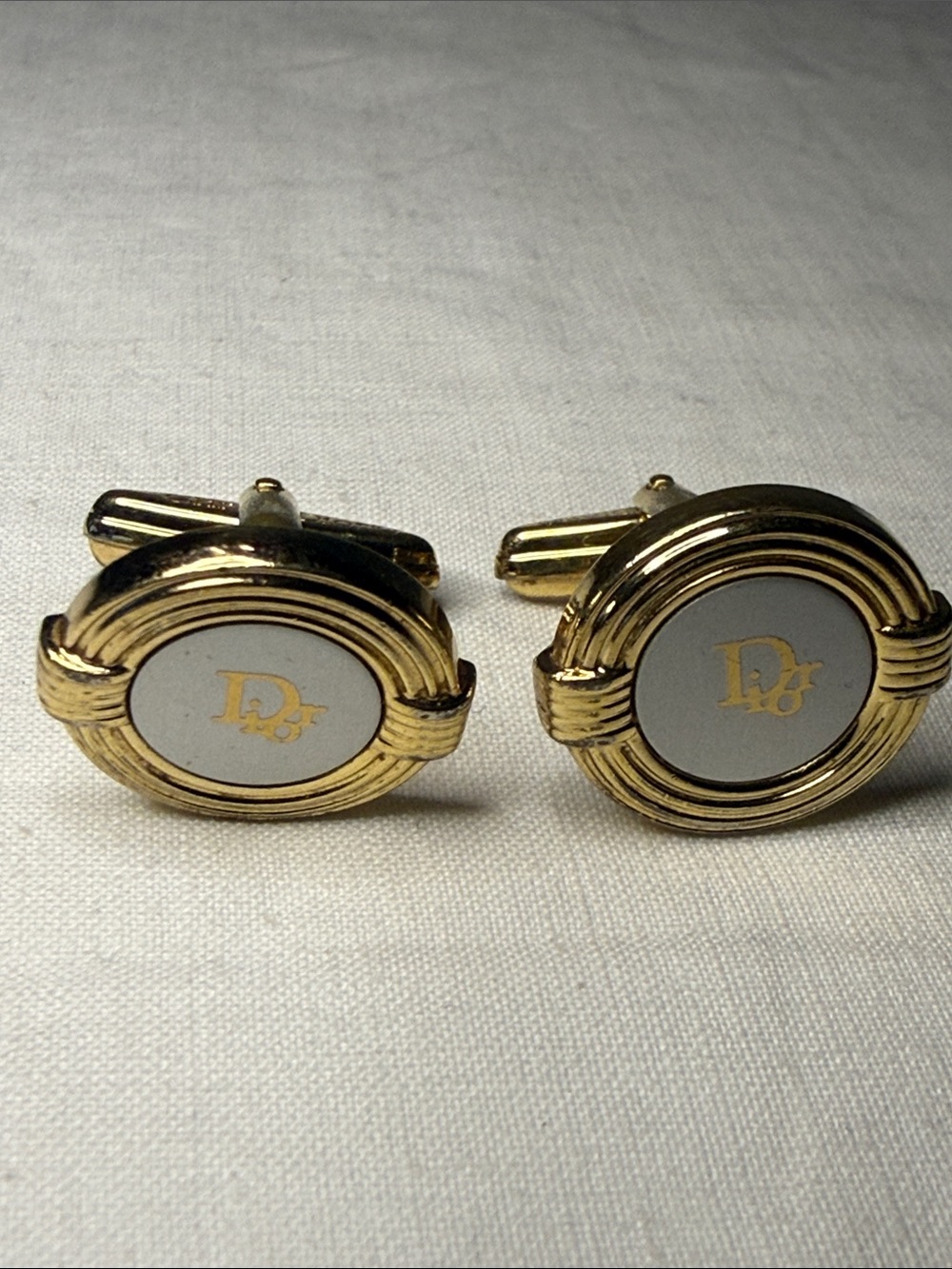 Vintage Christian Dior Gold & Silver Tone Logo Oval Cufflinks